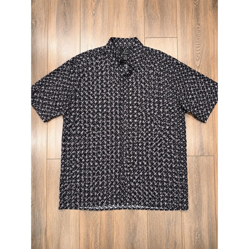 Vintage J Ferrar Mens XL Black Gray Geometric Rayon Short Sleeve Button Up Shirt